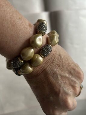 Set of 2 Gold Pearl Bead Stretch Bracelet with Pavé Accents